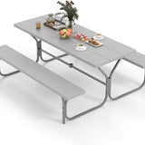 Tangkula 6 Ft Picnic Table, Outdoor Picnic Table with 2 Built-in Benches, Umbrella Hole, Metal Frame & HDPE Tabletop