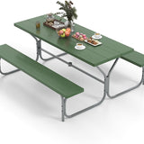 Tangkula 6 Ft Picnic Table, Outdoor Picnic Table with 2 Built-in Benches, Umbrella Hole, Metal Frame & HDPE Tabletop