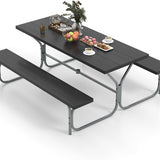 Tangkula 6 Ft Picnic Table, Outdoor Picnic Table with 2 Built-in Benches, Umbrella Hole, Metal Frame & HDPE Tabletop