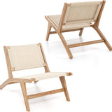 Tangkula Teak Wooden Chair, Mid Century Modern Accent Chair with Braided Rope Seat & Backrest