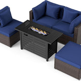 Tangkula 5 Piece Patio Rattan Sectional Sofa Set with 60,000 BTU Firepit Table