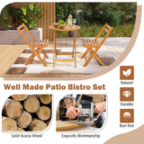 Tangkula 3 Pieces Folding Patio Bistro Set, Solid Acacia Wood Table and Chairs