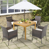 Tangkula 5 Pieces Patio Dining Set, 4 Cushioned Wicker Armchairs and Square Acacia Wood Dining Table