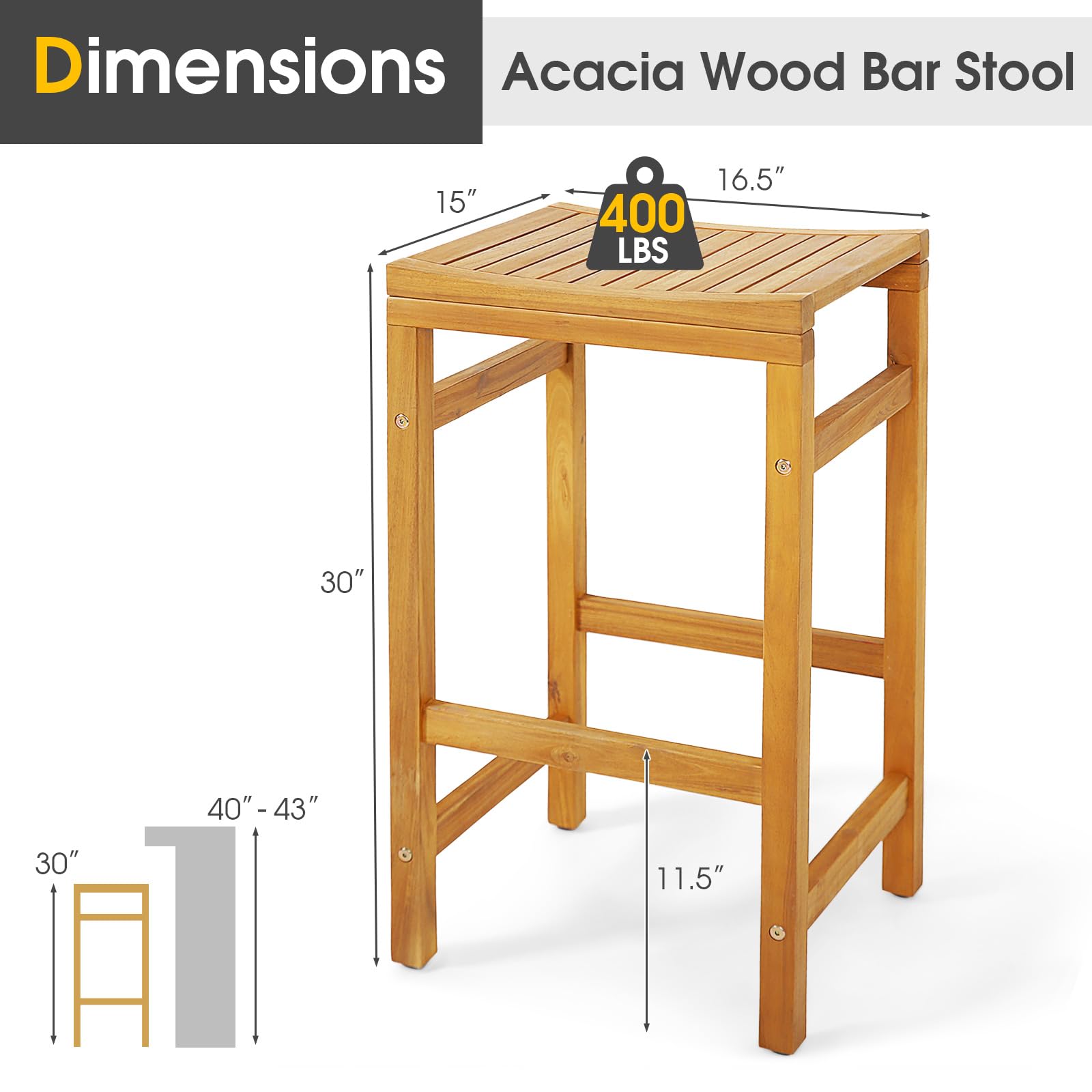 Acacia Wood Bar Stool Set of 2 - Tangkula