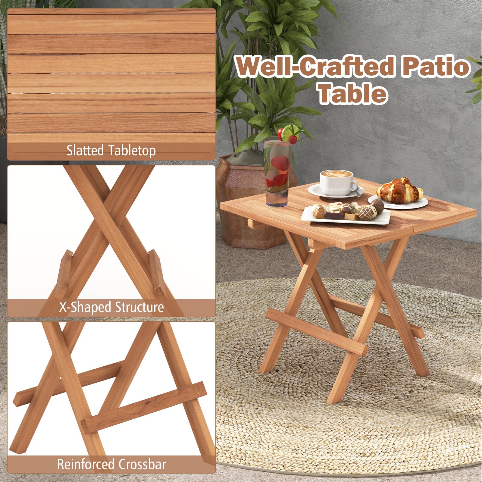 Teak Wood Square End Table with Slatted Tabletop - Tangkula