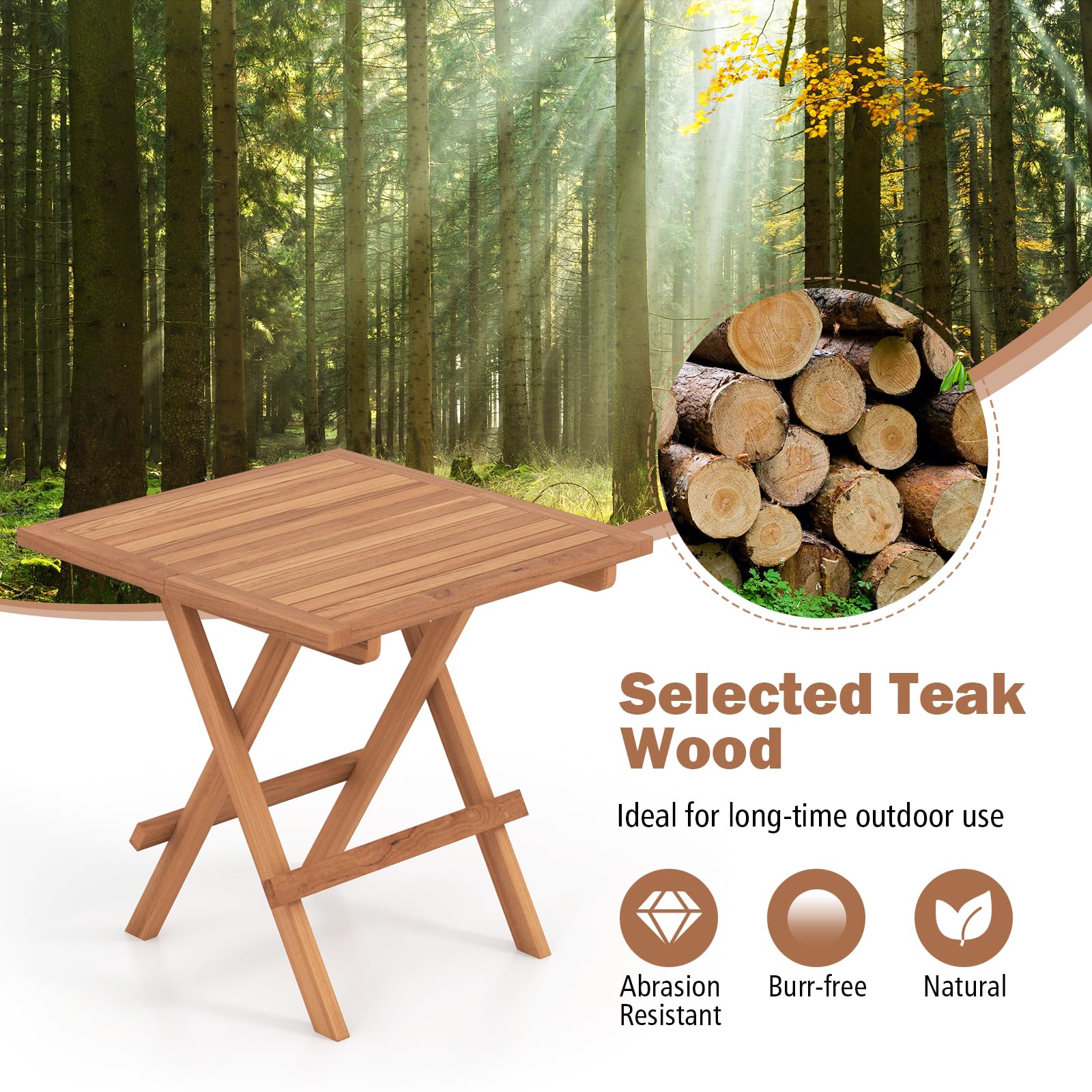 Teak Wood Square End Table with Slatted Tabletop - Tangkula