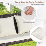 Tangkula Patio Rattan Porch Swing, 2-Person Hanging Chair with Seat & Back Cushions