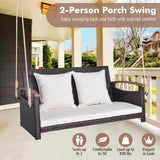 Tangkula Patio Rattan Porch Swing, 2-Person Hanging Chair with Seat & Back Cushions
