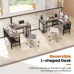Reversible L-Shaped Computer Desk with Charging Station & Shelves - Tangkula