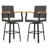 Tangkula Outdoor 360° Swivel Bar Stool with Cushion & Acacia Wood Armrests