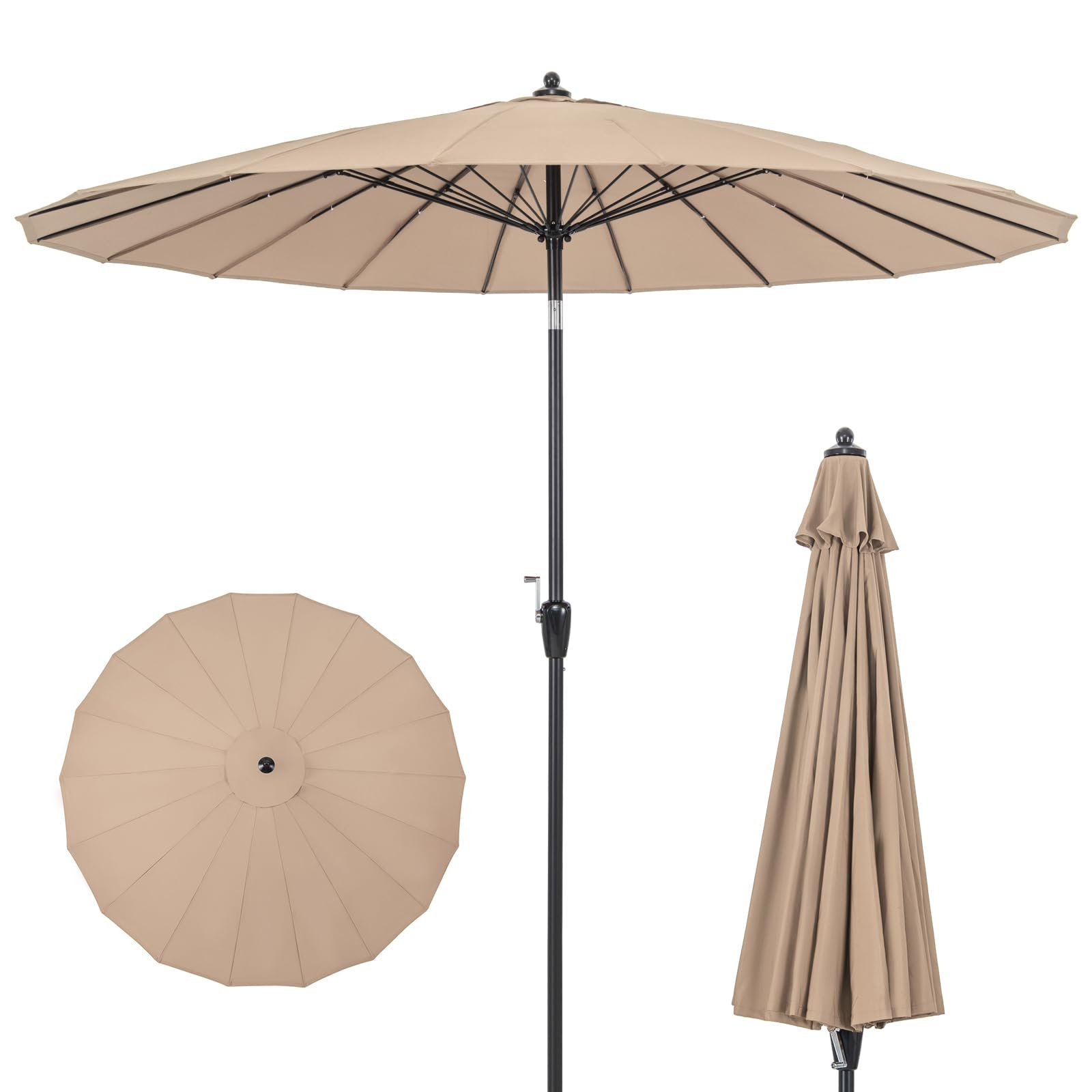Tangkula 9FT Round Patio Umbrella, Outdoor Market Umbrella with 18 Fiberglass Ribs, Tan