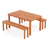 Tangkula Set of 3 Patio Dining Set for 4, Solid Wood Dining Table with 2 Benches