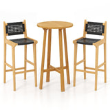 Tangkula 3 Piece Patio Bar Set, Teak Wood Bistro Furniture with Footrest, Round Cocktail Table with 2 Armless Rattan Bar Stools