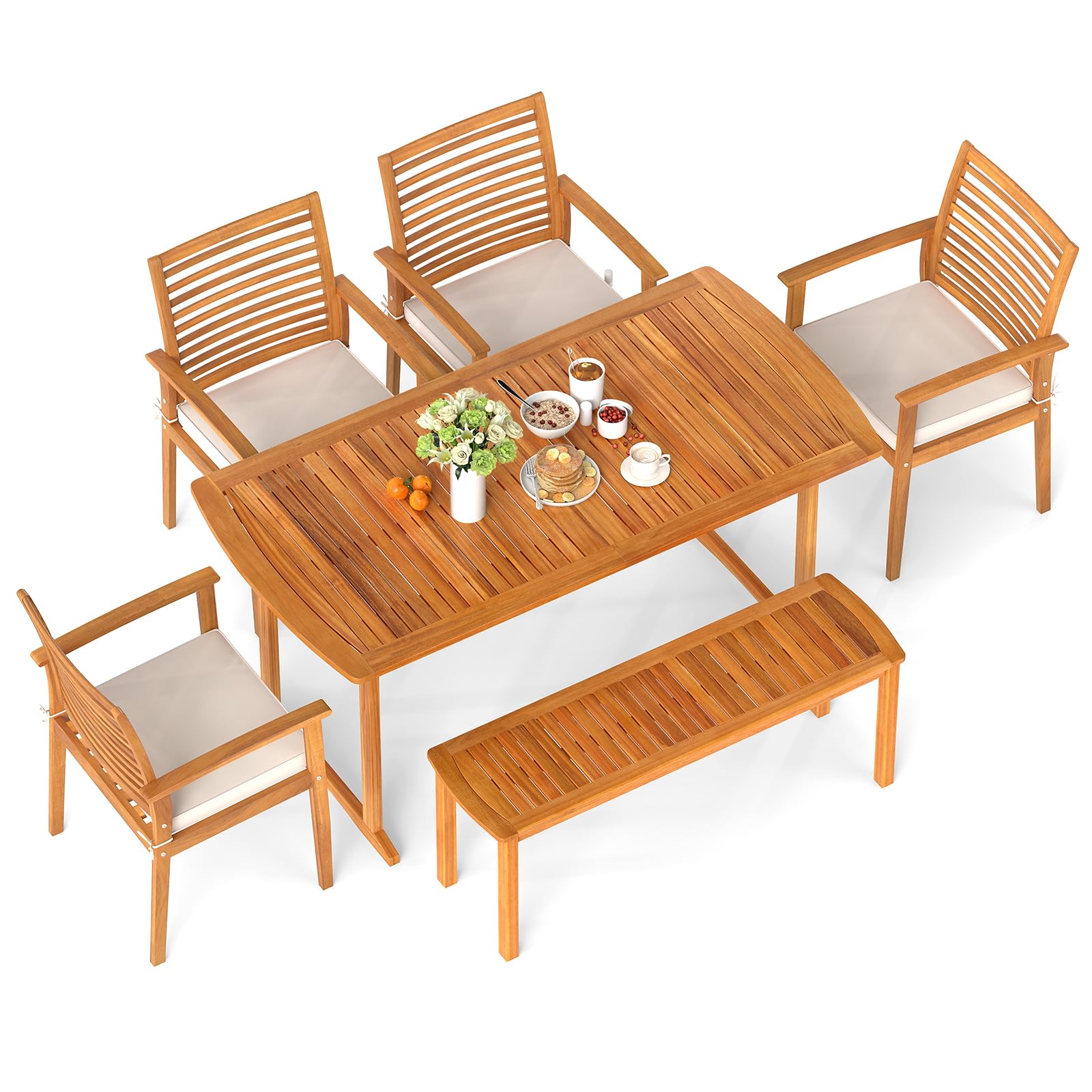 acacia wood outdoor dining table patio with umbrella hole Tangkula 6 Pieces Outdoor Acacia Wood Dining Set with Umbrella Hole and 4 Cushioned Chairs and Bench