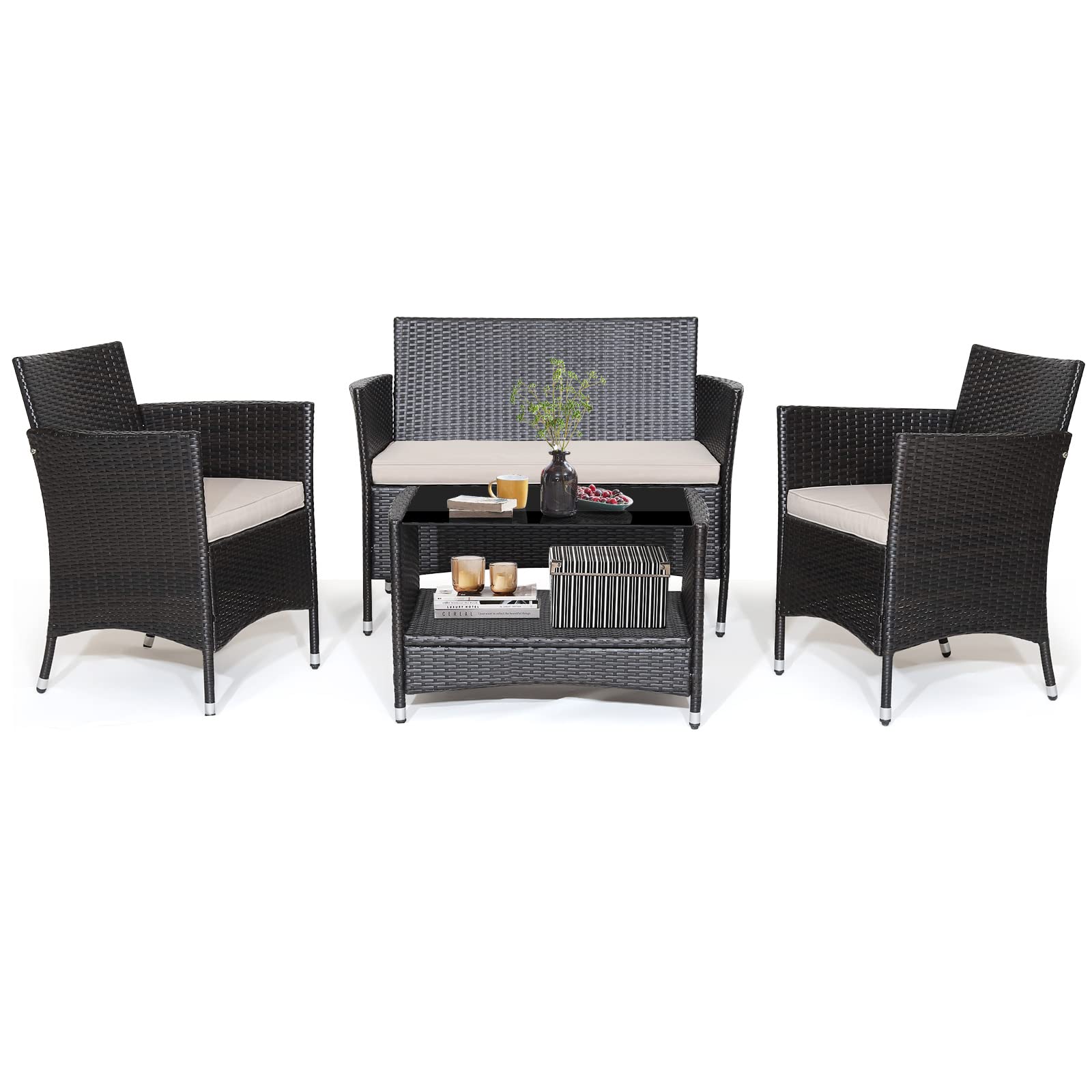 4 Pieces Patio Conversation Set withTempered Glass Tabletop Tangkula tangkula