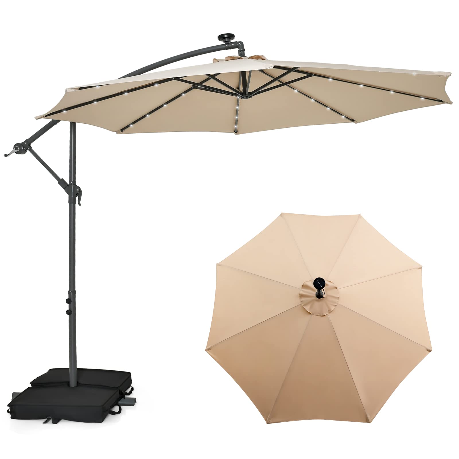 TANGKULA 10FT Hanging Offset Umbrella, Cantilever Umbrella with 32 LED Lights, Beige TANGKULA 10FT Hanging Offset Umbrella, Cantilever Umbrella with 32 LED Lights, Beige