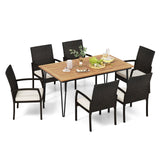Tangkula 7 Pieces Patio Dining Set with Acacia Wood Dining Table, Rattan Armchairs, Soft Cushions