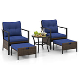 Tangkula 5 Piece Outdoor Furniture Set, Rattan Chairs & Ottomans w/Round Glass Topped Coffee Table