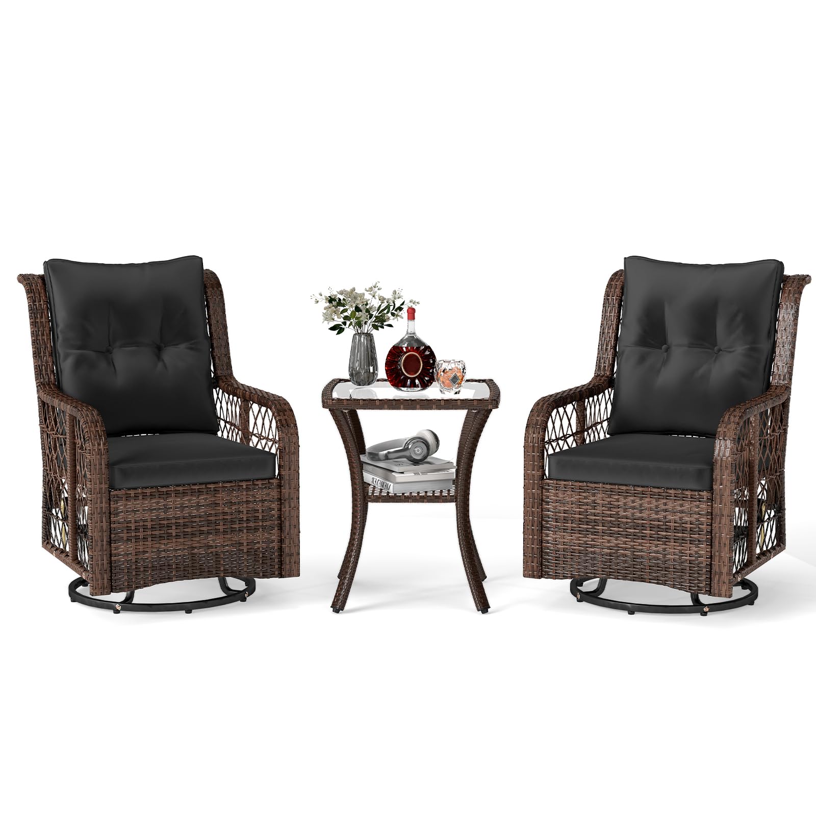 Two wicker chairs with black cushions and a matching side table on a white background