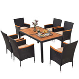 Tangkula 7 PCS Outdoor Dining Set, Patio Conversation Set with Acacia Wood Tabletop, Umbrella Hole, Removable Seat Cushions
