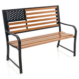 Tangkula 50” Outdoor Garden Bench, 2-Person Metal Patio Chair with Flag Pattern Backrest & Rustic Wood Grain Finish