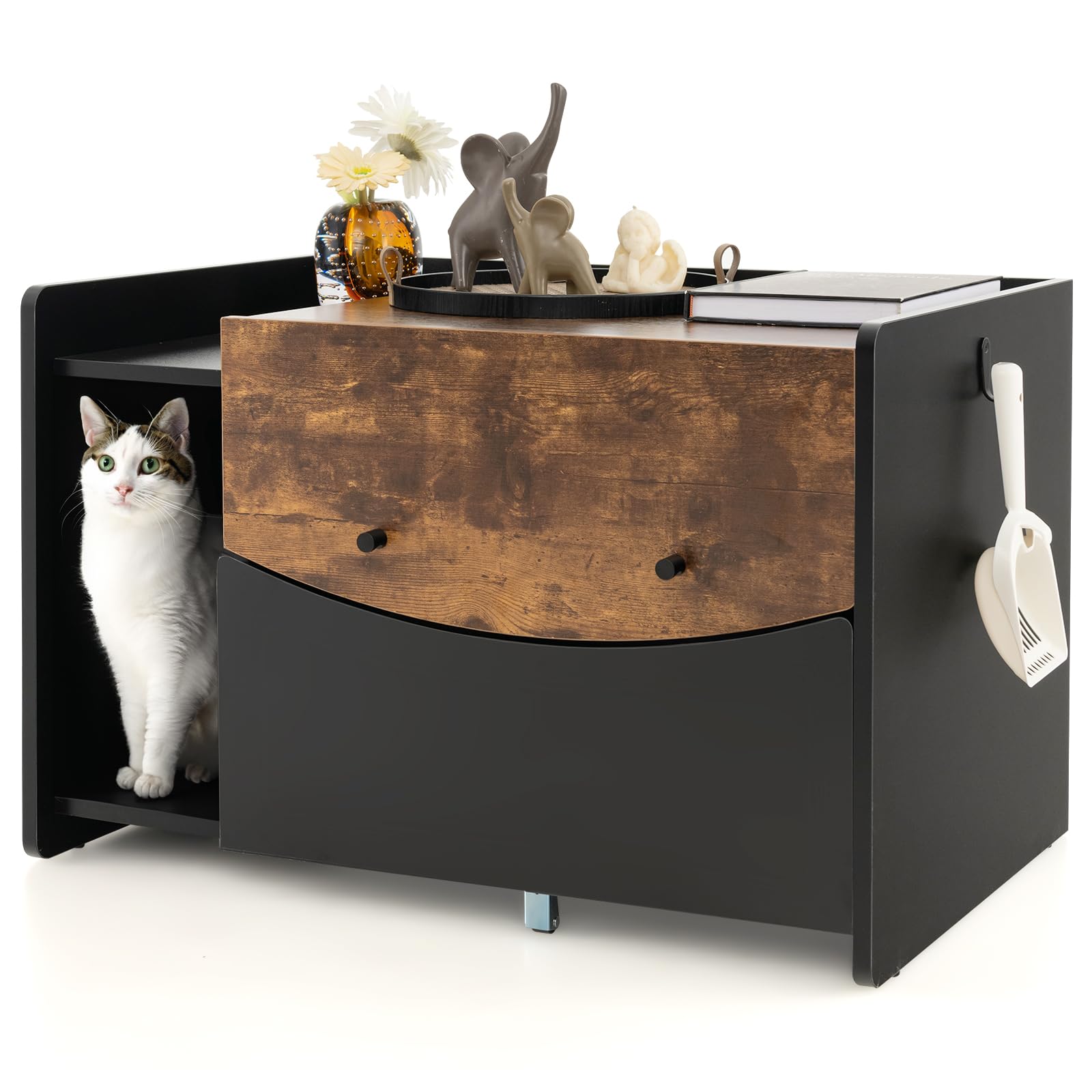 Tangkula Litter Box Enclosure, Hidden Cat Washroom with Pull-Out