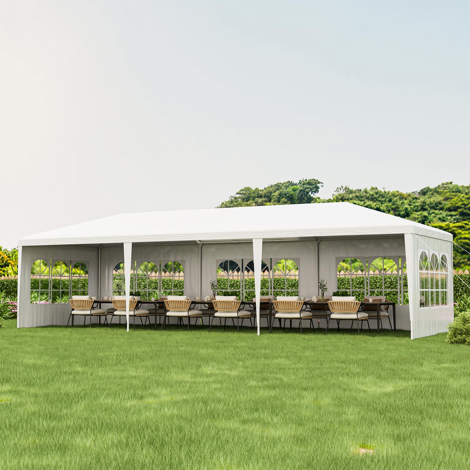 Tangkula 10x30 Ft Heavy Duty Party Tent, Large White Event Tent with 6 Sidewalls & 2 Zippered Door
