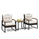 Tangkula 3 Piece Patio Conversation Set, includes 2 Rattan Chairs and Coffee Table, Solid Acacia Wood Armrests & Tabletop