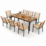 Tangkula 9 Piece Outdoor Dining Table & Chairs Set, Rectangular Table w/Acacia Wood Top & Umbrella Hole