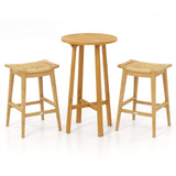 Tangkula 3 Piece Patio Bar Set, Teak Wood Bistro Furniture with Footrest, Round Cocktail Table with 2 Rattan Saddle Stools