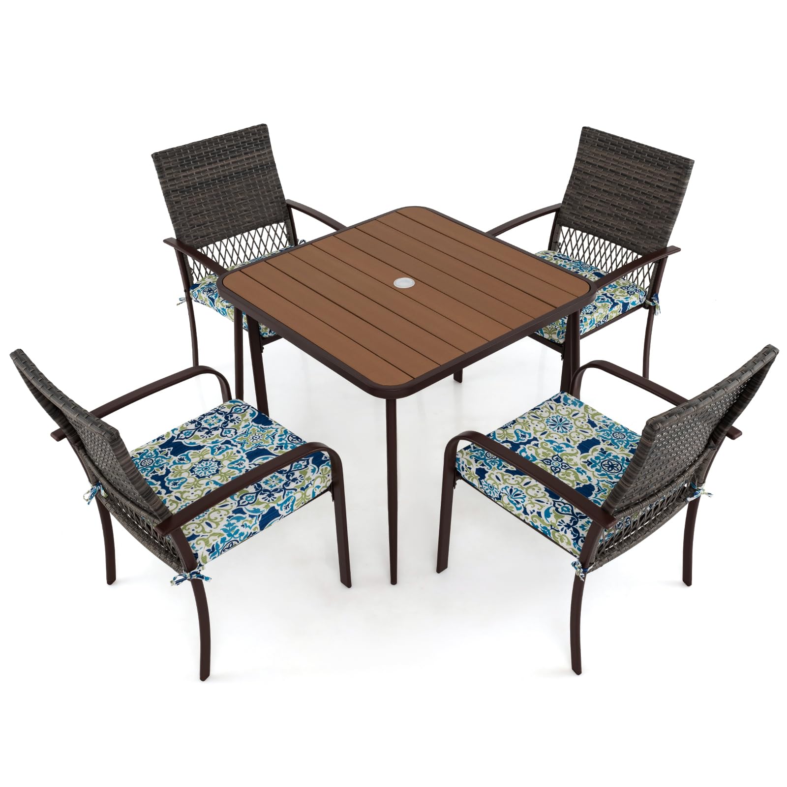 5 pcs patio dining chair set with umbrella hole 5 Pieces Patio Dining Set, 4 Cushioned Rattan Armchairs & Square Table – tangkula