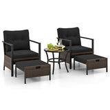 Tangkula 5 Piece Outdoor Furniture Set, Rattan Chairs & Ottomans w/Round Glass Topped Coffee Table
