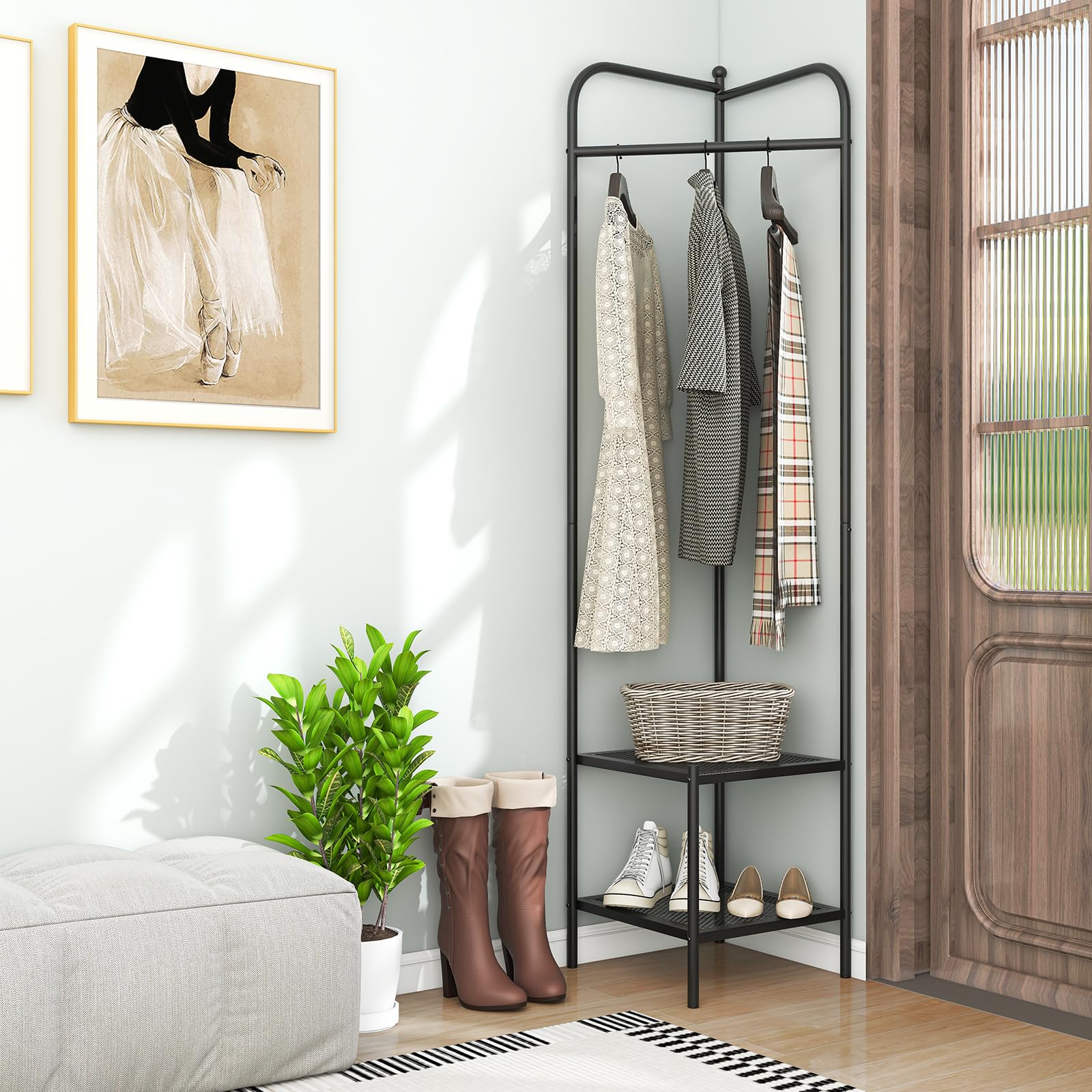 Tangkula Corner Coat Rack with Storage, Simple Hall Tree with
