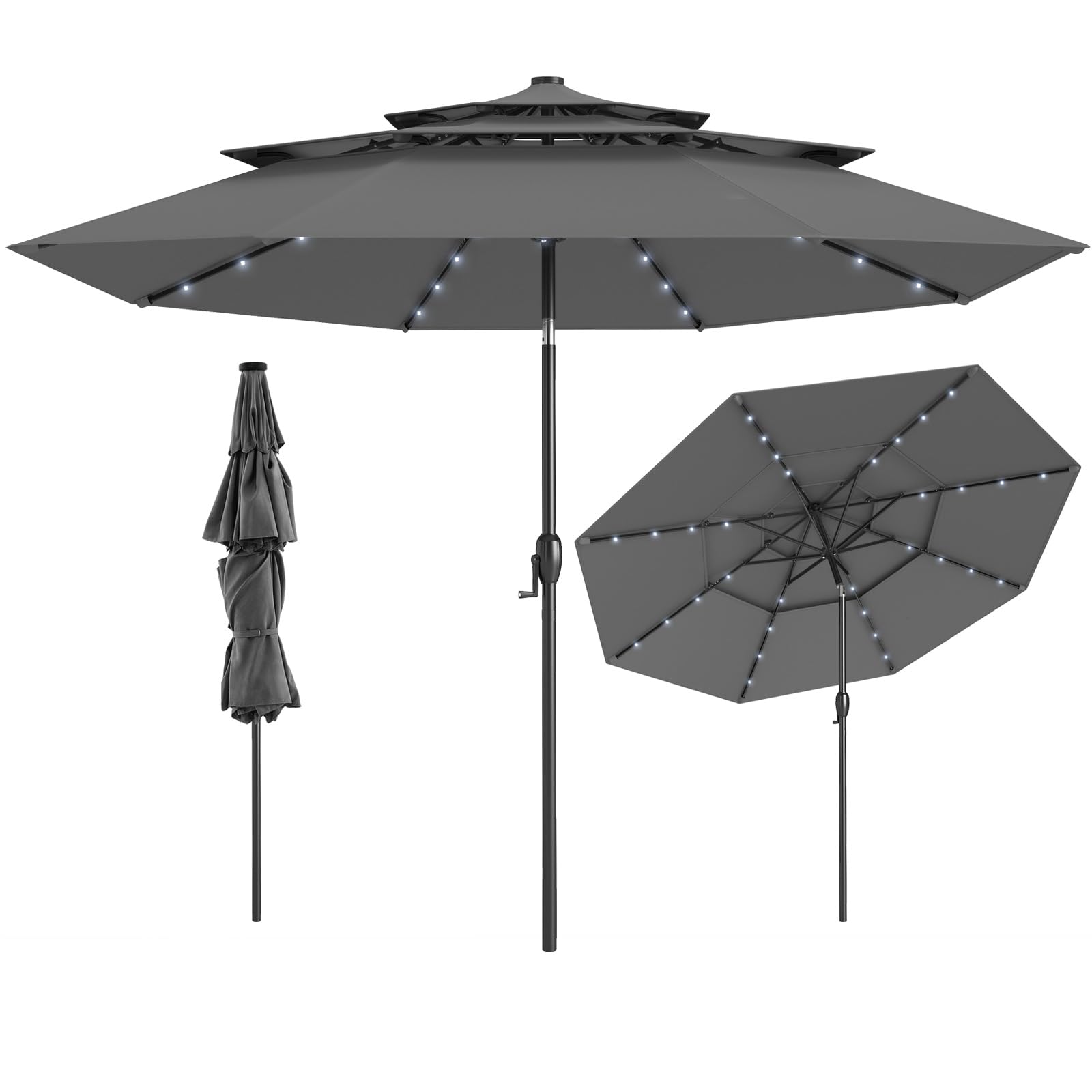 Tangkula 10 ft Solar LED Patio Umbrella 3-Tier Vented Outdoor Market Table Umbrella, Gray Tangkula 10 ft Solar LED Patio Umbrella 3-Tier Vented Outdoor Market Table Umbrella, Gray