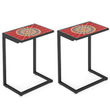 Tangkula C-Shaped Outdoor Side Table, Patio Snack Table w/Ceramic Top & Anti-Rust Metal Frame