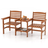 Tangkula Outdoor Patio Loveseat with Table, Wood 2-Seat Conversation Set with Coffee Table and Umbrella Hole