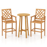 Tangkula 3 Piece Patio Bar Set, Teak Wood Bistro Furniture with Backrest, Armrests & Footrest