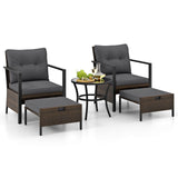 Tangkula 5 Piece Outdoor Furniture Set, Rattan Chairs & Ottomans w/Round Glass Topped Coffee Table
