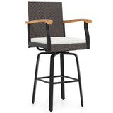 Tangkula Outdoor 360° Swivel Bar Stool with Cushion & Acacia Wood Armrests