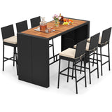 Tangkula 7 Piece Patio Wicker Bar Set, Patiojoy Outdoor Acacia Wood Bar Height Table & 6 Rattan Bar Stool Chairs
