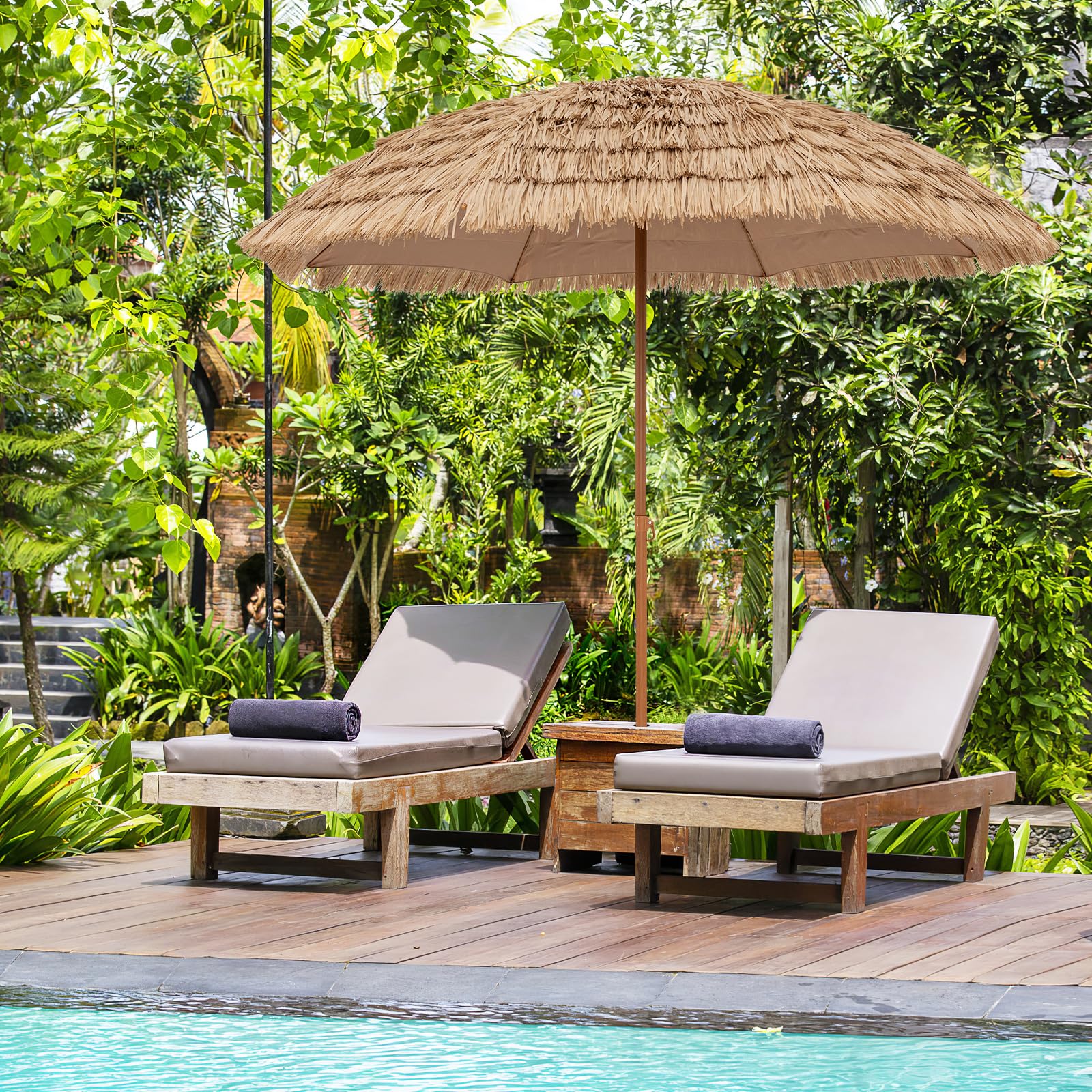 8 ft tilting patio umbrella Tangkula 8Ft Tiki Patio Umbrella, Hawaiian Style Outdoor PE Grass Umbrella with Tilt Adjustment