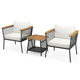 Tangkula 3 Piece Patio Furniture Set, Rattan Chair Set w/ 2-Tier Coffee Table, Acacia Wood Armrests & Tabletop, Soft Seat & Back Cushions