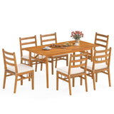 Tangkula 7 Pieces Patio Acacia Wood Dining Set Outdoor Table and 6 Cushioned Chairs
