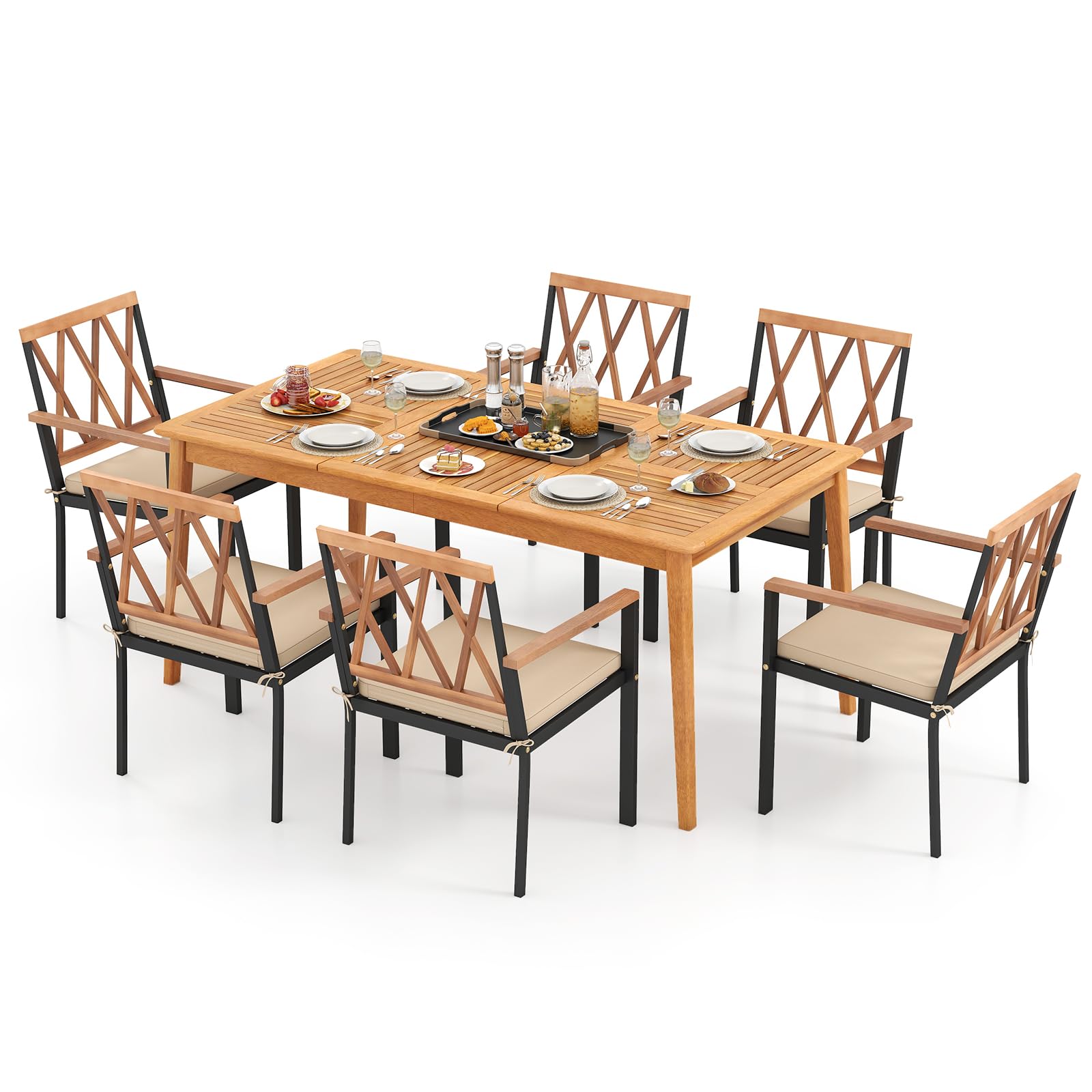 6 person patio dining set with umbrella Tangkula 7 Piece Patio Wood Dining Set with Umbrella Hole, for 6 Person