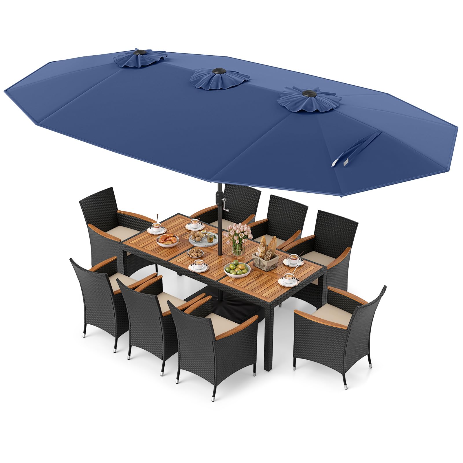 broyerk rattan wood patio umbrella stand dining table Tangkula 11 Piece Patio Wicker Dining Set w/Double-Sided Patio Umbrella, Navy + Off White