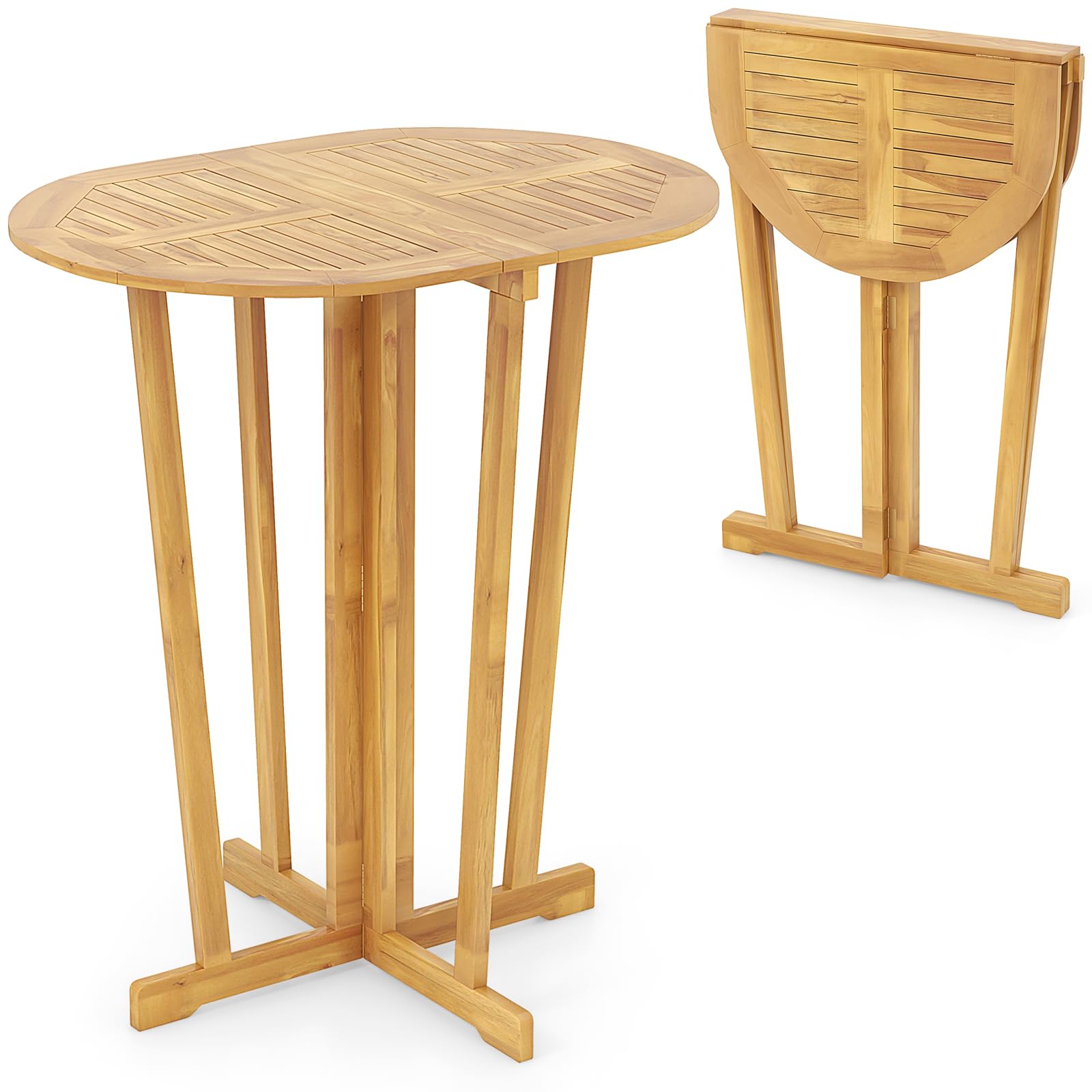 Tangkula Outdoor Folding Bar Table, Teak Wood Bar Height Bistro Table ...