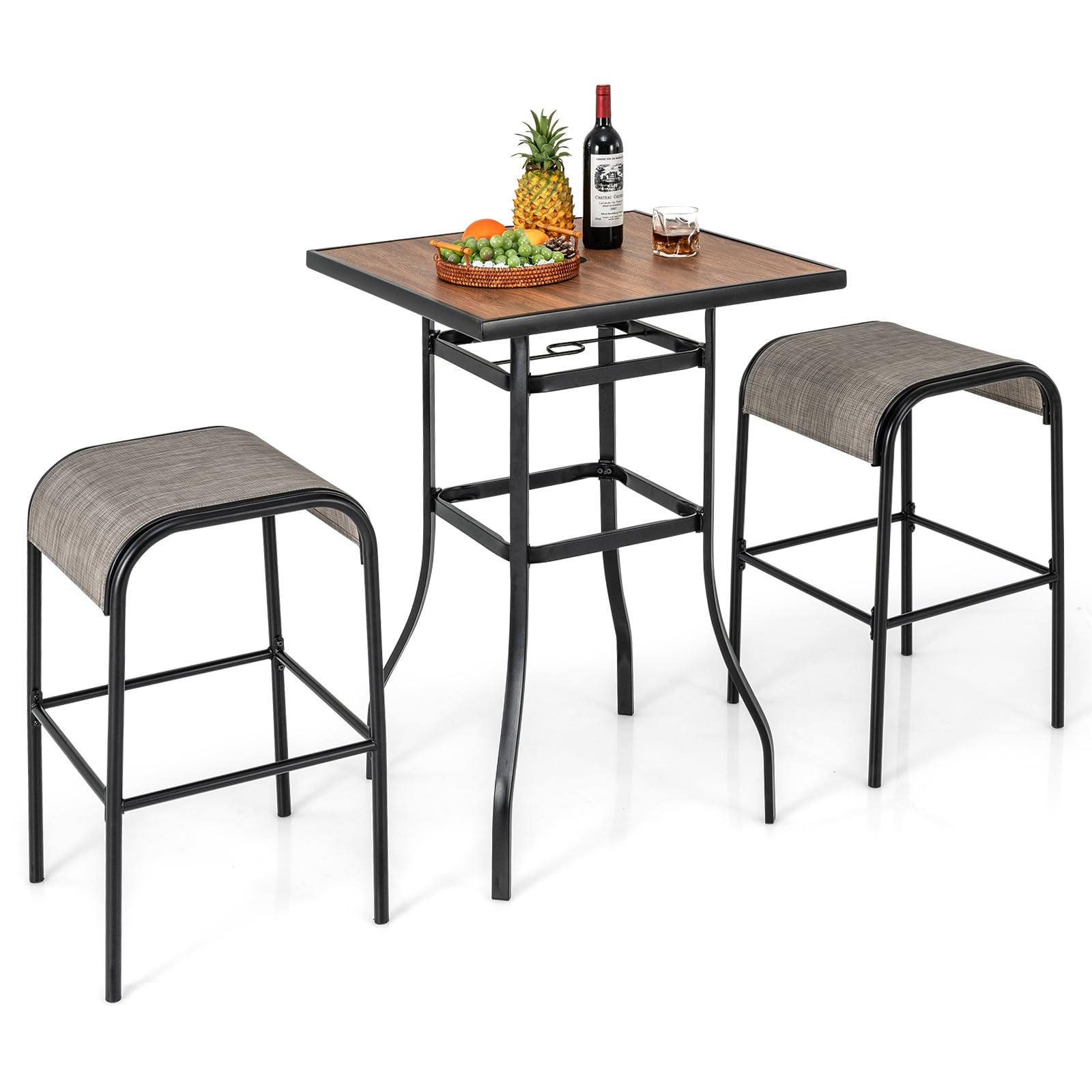 bar height patio table with umbrella 2 chairs Tangkula 3-Piece Patio Dining Set, Outdoor 27.5" Bar Height Table & 2 30" Barstools w/Umbrella Hole