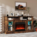 Wooden entertainment console with electric fireplace, books, and decorative items in a living room setting.