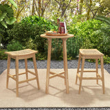 Tangkula 3 Piece Patio Bar Set, Teak Wood Bistro Furniture with Footrest, Round Cocktail Table with 2 Rattan Saddle Stools