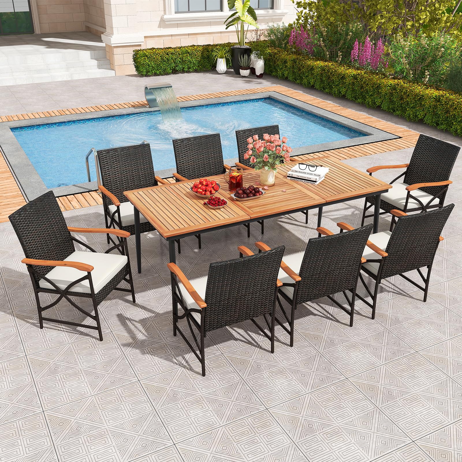 9-piece patio dining set with umbrella Tangkula 9-Piece Patio Dining Set, 79" Outdoor Acacia Wood Dining Table & 8 Rattan-Woven Dining Chairs with 1.9" Umbrella Hole